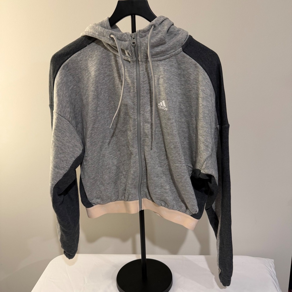 Adidas Womens Cropped Full Zip Hoodie Grey Heather Two Tone Sweatshirt S